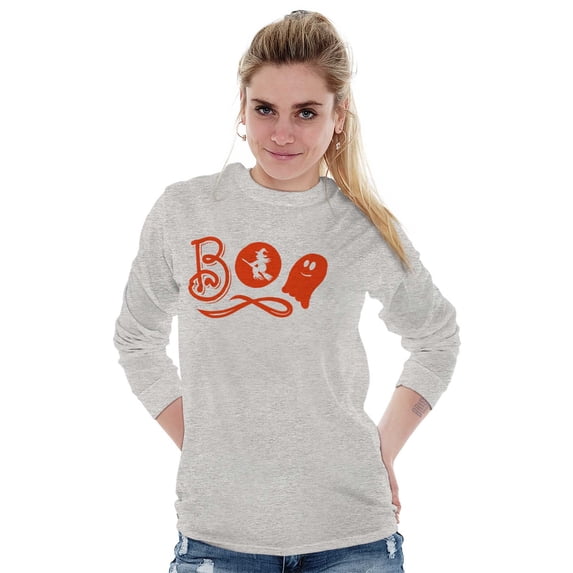 Boo Cute Witch Ghost Halloween Women's Long Sleeve T Shirt Brisco Brands L