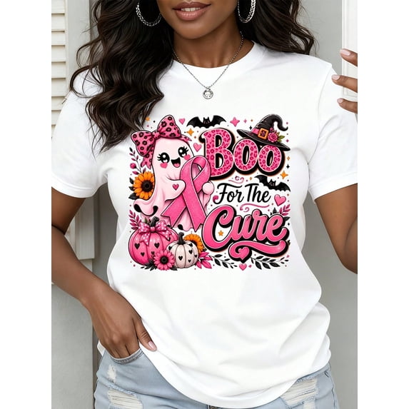 Boo For The Cure Breast Cancer Awareness Halloween Shirt Women Pink Ribbon Ghost Pumpkin Witch Hat Graphic Tee Top