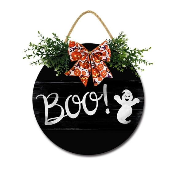 Boo Ghost Front Door Sign Funny Wreaths Hanging Wooden Plaque Decoration Round Rustic Wood Farmhouse Porch Decor for Home Front Door Decor, 11 x 11 Inch