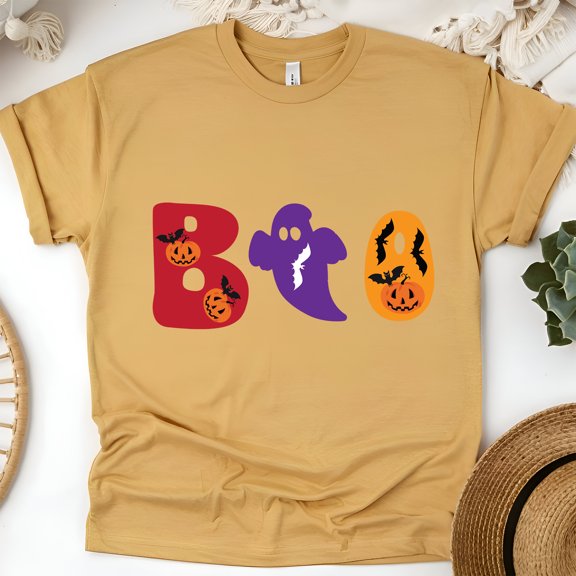 Boo Ghost Halloween Shirt | Cute Pumpkin and Bat Graphic Tee, Gold, Size L