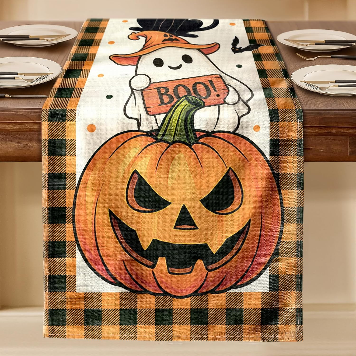 Boo Ghost Halloween Table Runner - 13"×72" Plaid Halloween Table Runner ...