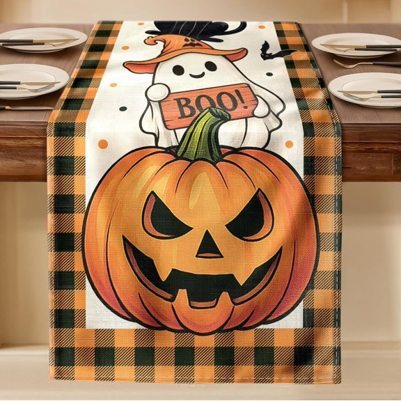 Boo Ghost Halloween Table Runner - 13"×90" Plaid Halloween Table Runner with Ghost Pumpkin Black Cat Bat for Fall Festive Decor, Seasonal Fall Decorations for Home Dining Room Kitchen Party