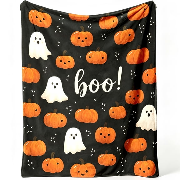 Boo Ghost Pumpkin Halloween Throw Blanket for Couch, Soft Flannel Warm Cozy Decor Cover, Washable Blanket for Bedroom.
