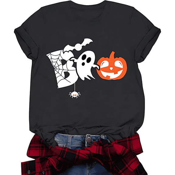 Boo Ghost Pumpkin Print Halloween Shirt Short Sleeve Shirts for Women Black One-Piece
