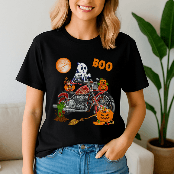 Boo Ghost Riding Motorcycle Horror, Spooky Season Tee, Happy Halloween Shirt , Ghost Pumpkin Tshirt, Funny Holiday Gift,Horror Witchy