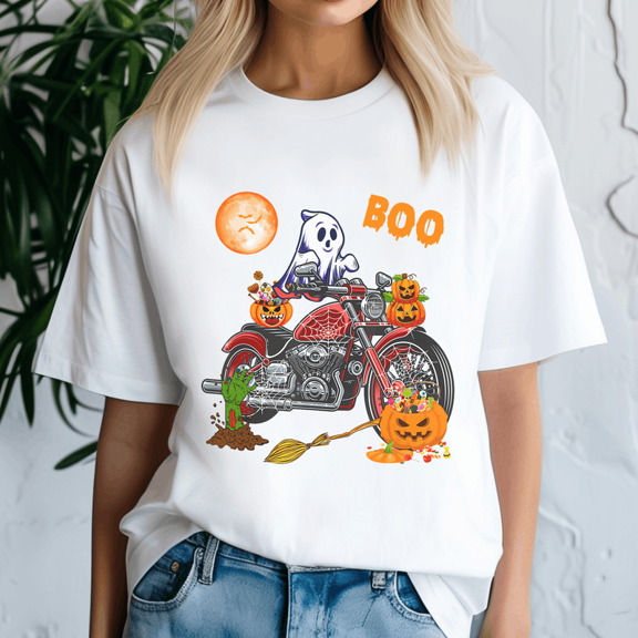 Boo Ghost Riding Motorcycle Horror, Spooky Season Tee, Happy Halloween Shirt , Ghost Pumpkin Tshirt, Funny Holiday Gift,Horror Witchy