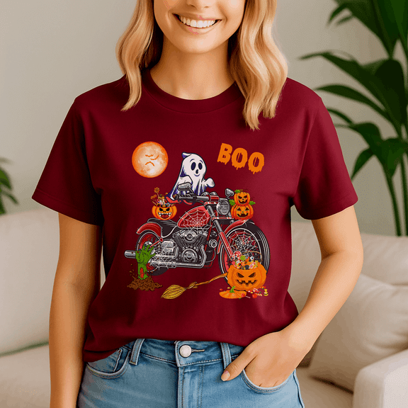 Boo Ghost Riding Motorcycle Horror, Spooky Season Tee, Happy Halloween Shirt , Ghost Pumpkin Tshirt, Funny Holiday Gift,Horror Witchy