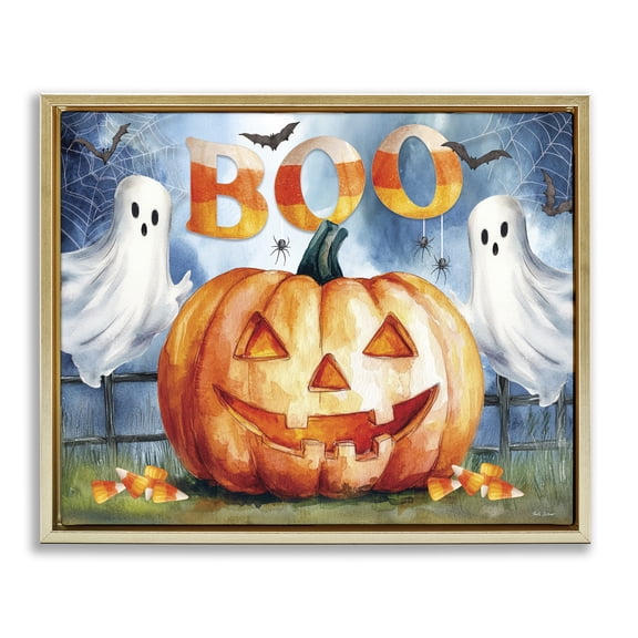 Stupell Industries Boo Ghosts & Jack-o-Lantern Gold Framed Floater Canvas Wall Art, design by Nicole DeCamp, 17 x 21