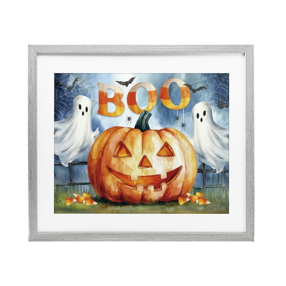 Stupell Industries Boo Ghosts & Jack-o-Lantern Gray Framed Print Under Glass, design by Nicole DeCamp, 17 x 21