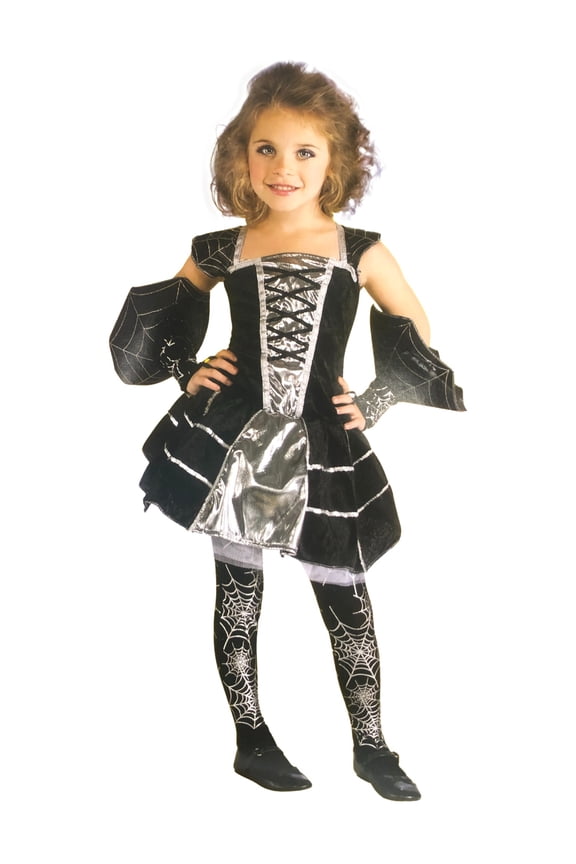 Girls Black & Silver Spider Web Print Dress Halloween Costume Medium (8-10)