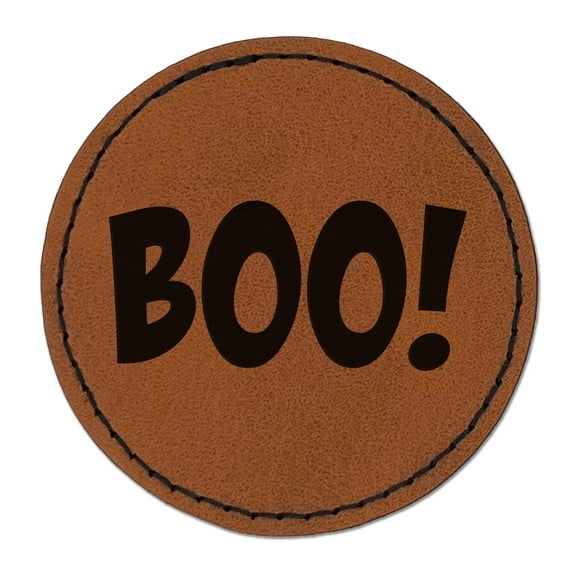 Boo Halloween Fun Text 2.5" Faux Leather Round Engraved Iron-On Patch - Brown