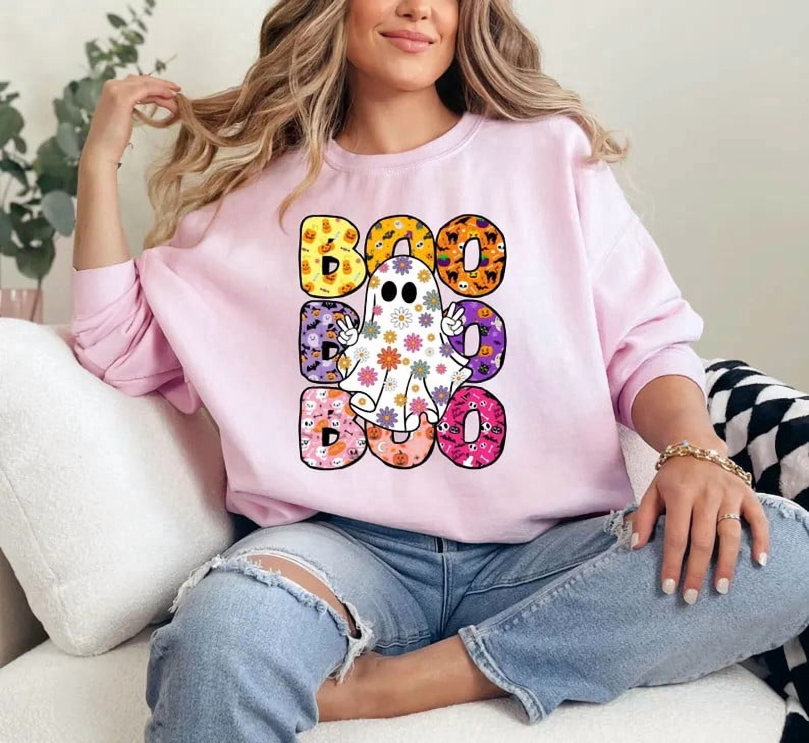 Boo Halloween Ghost Floral Fall Sweatshirt - Walmart.com