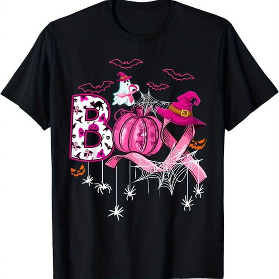 Boo Halloween Pumpkin Pink Ribbon Witch Breast Cancer T-Shirt, Loose Fit Printed T-Shirt, Festive Attire, Suitable For Family Fun.