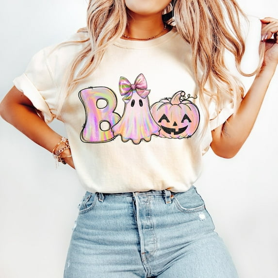Boo Halloween Shirt, Iridescent Ghost Pumpkin Shirt, Pink Ghost Shirt, Pastel Halloween Shirt, Halloween Coquette Bow Shirt, Girly Halloween Shirt