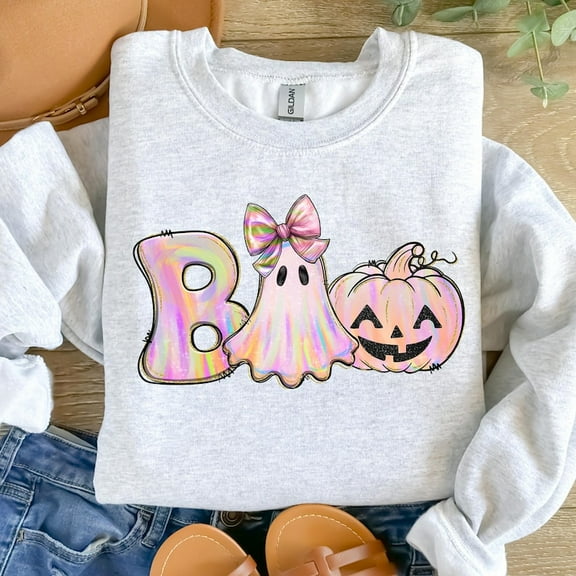 Boo Halloween Shirt, Iridescent Ghost Pumpkin Sweatshirt, Pink Ghost Shirt, Pastel Halloween Shirt, Halloween Coquette Bow Shirt, Girly Halloween Shirt