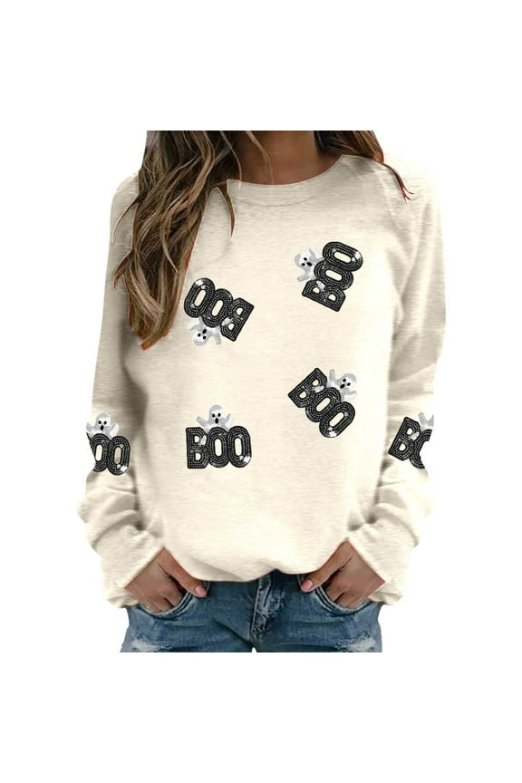 Boo Halloween Sweatshirts for Women 2025 Long Sleeve Crewneck Spooky Boo Ghost Graphic Sweatshirt Pullover Tops