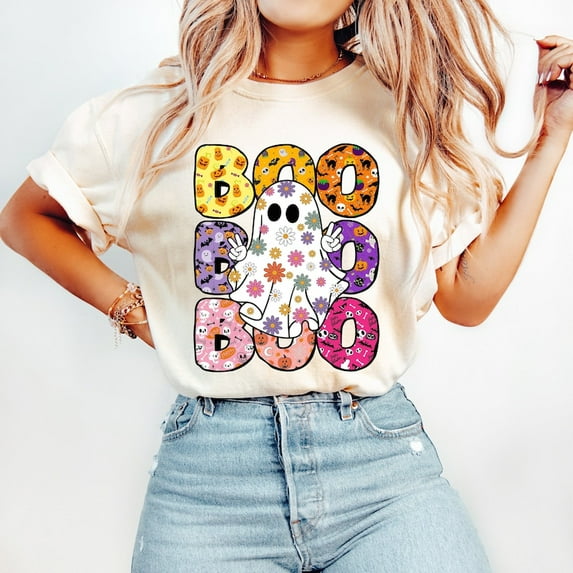 Boo Halloween T-shirt, Ghost Floral Halloween Shirt, Girly Halloween Shirt, Spooky Season Shirt, Fall Pumpkin, Halloween Vibes, Halloween Shirt TH290548