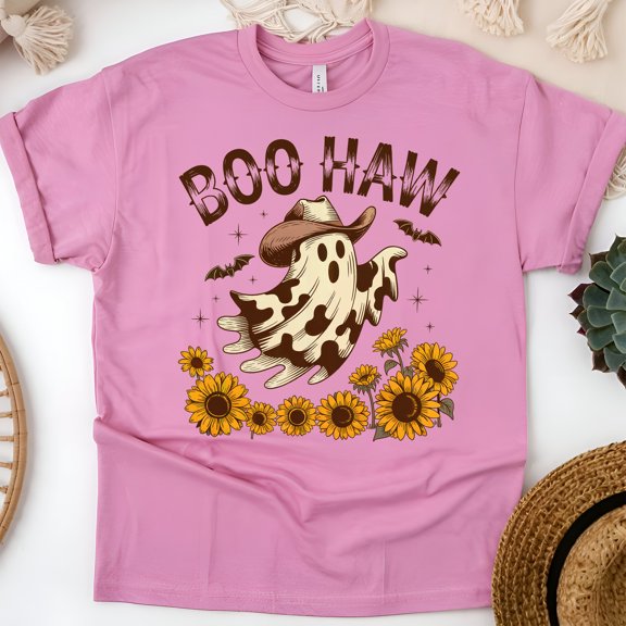 Boo Haw Cow Print Ghost Halloween Shirt | Western Spooky Sunflower Graphic Tee, Azalea, Size S