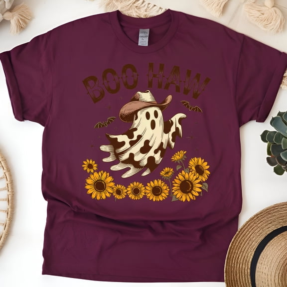 Boo Haw Cow Print Ghost Halloween Shirt | Western Spooky Sunflower Graphic Tee, Maroon, Size S