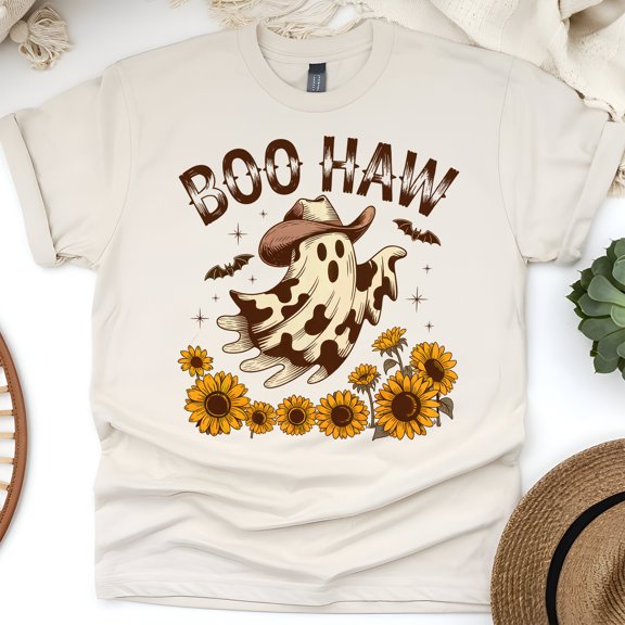 Boo Haw Cow Print Ghost Halloween Shirt | Western Spooky Sunflower Graphic Tee, Natural, Size S