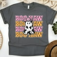 thumbnail image 1 of Boo Haw Cow Print Ghost T-Shirt, Western Halloween Repeating Text Graphic Tee, Dark Heather, Size M, 1 of 6