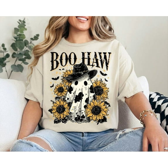 Boo Haw Shirt, Cow Spot Ghost Western Halloween Shirt, Sunflowers Retro Fall Shirt, Spooky Cowgirl Vibes Country Funny Shirt