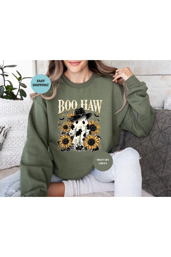 Boo Haw Western Sweatshirt Ghost Cowboy Sweater Spooky Fall SWEATSHIRT All Size S-5XL