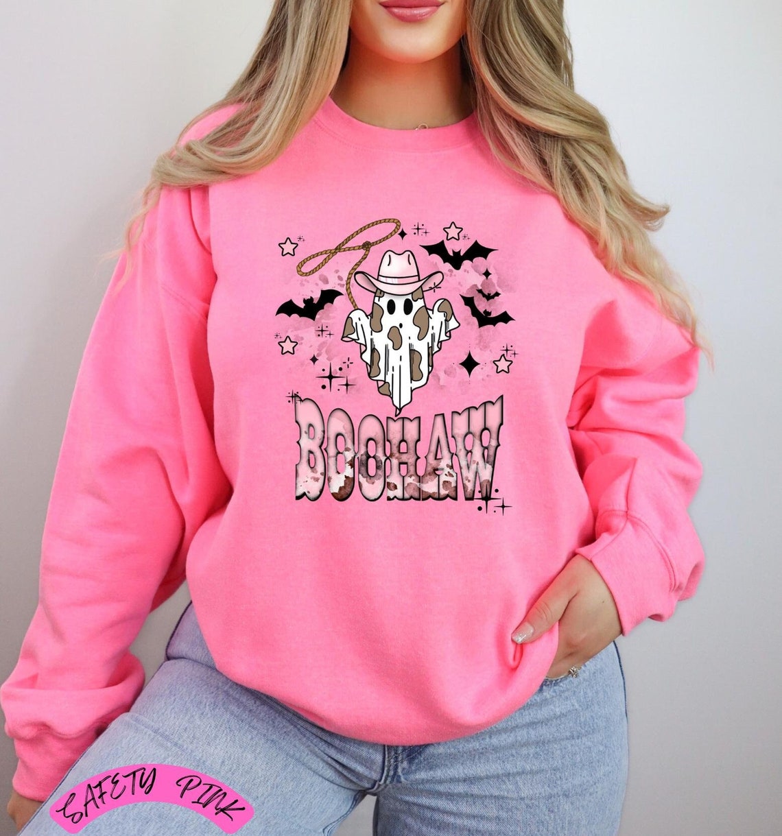 Orange BOO HAW Ghost Halloween Print Drop Sleeve Sweatshirt main image 0