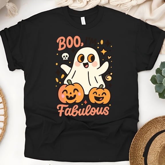 Boo I’m Fabulous Graphic Tee Funny Ghost Pumpkin Cartoon Shirt, Black, Size XL