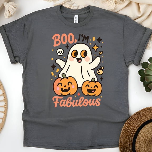 Boo I’m Fabulous Graphic Tee Funny Ghost Pumpkin Cartoon Shirt, Dark Heather, Size M