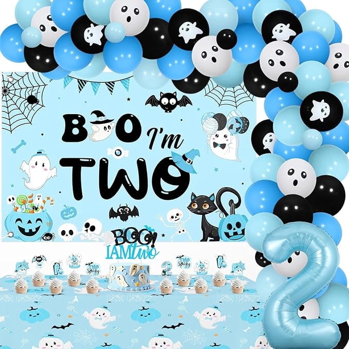 Boo I’m Two Birthday Decoration Boy Halloween Theme Backdrop Cake Cupcake Topper Table Cloth Blue Black Foil Balloon Garland Arch Kit for Two Spooky 2 Years Old Birthday Decoration