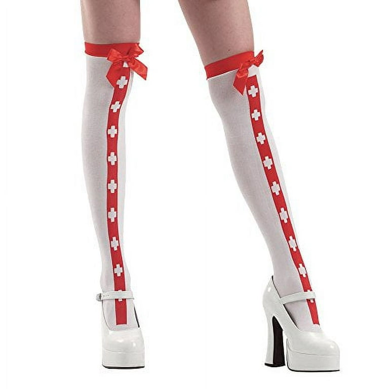 Boo! Inc. Red Stripe White Thigh-High Nurse Halloween Adult Women's Cosplay Costume  Tights 