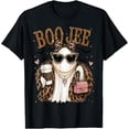thumbnail image 1 of Boo JEE Coquette Ghost, Leopard Style, Coffee Halloween, Spooky Graphic, Short Sleeve T-Shirt, 1 of 5