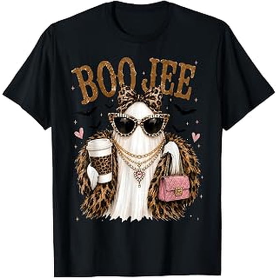 Boo JEE Coquette Ghost, Leopard Style, Coffee Halloween, Spooky Graphic, Short Sleeve T-Shirt