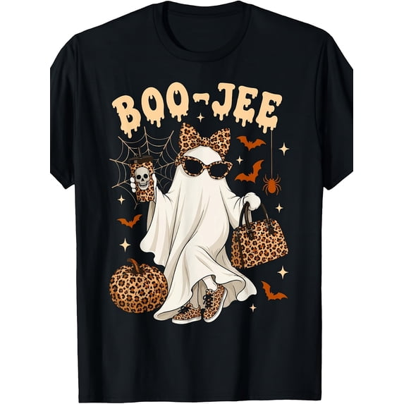 Boo JEE Leopard Ghost Halloween Boujee Graphic Tee for Men Women, Cute Spooky Leopard Print Short Sleeve T-Shirt, Casual Crew Neck Top for Halloween Gift