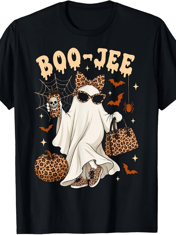 Boo JEE Leopard Ghost Halloween Boujee Graphic Tee for Men Women, Cute Spooky Leopard Print Short Sleeve T-Shirt, Casual Crew Neck Top for Halloween Gift