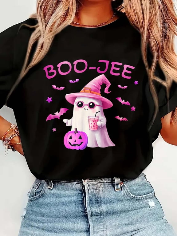 Boo-Jee Ghost - Cute Pink Ghost Halloween DesignCrew Neck Graphic Tee Cotton Women T-Shirt