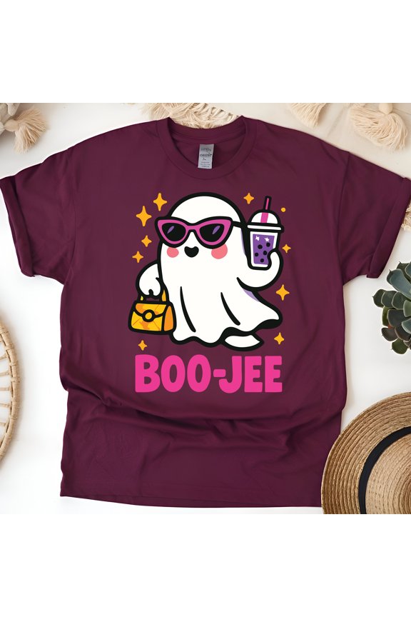 Boo Jee Ghost Graphic Tee | Cute Kawaii Bubble Tea T-Shirt for Women, Maroon, Size S