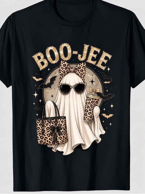 Boo‑Jee Ghost Leopard Print Coffee Bag Graphic T‑Shirt, Spooky Fall Halloween Short Sleeve Tee