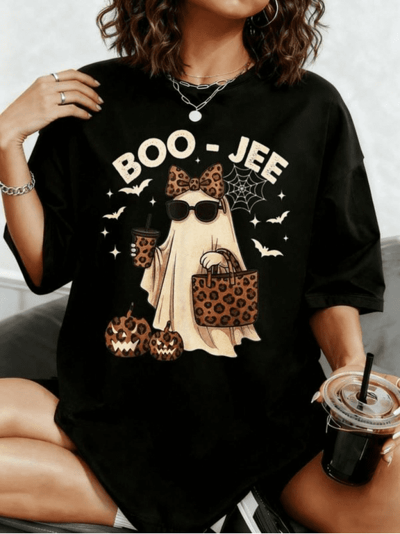 Boo Jee Ghost Leopard Print Pumpkin Bat Spider Web Print-Shirt, Casual Top
