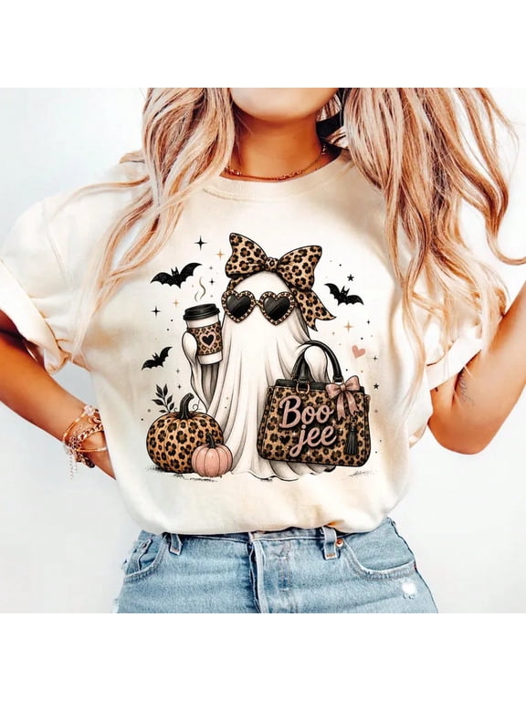 Boo Jee Ghost Shirt, Funny Halloween Coffee Shirt, Leopard Print Ghost Tee, Spooky Season Graphic Tee