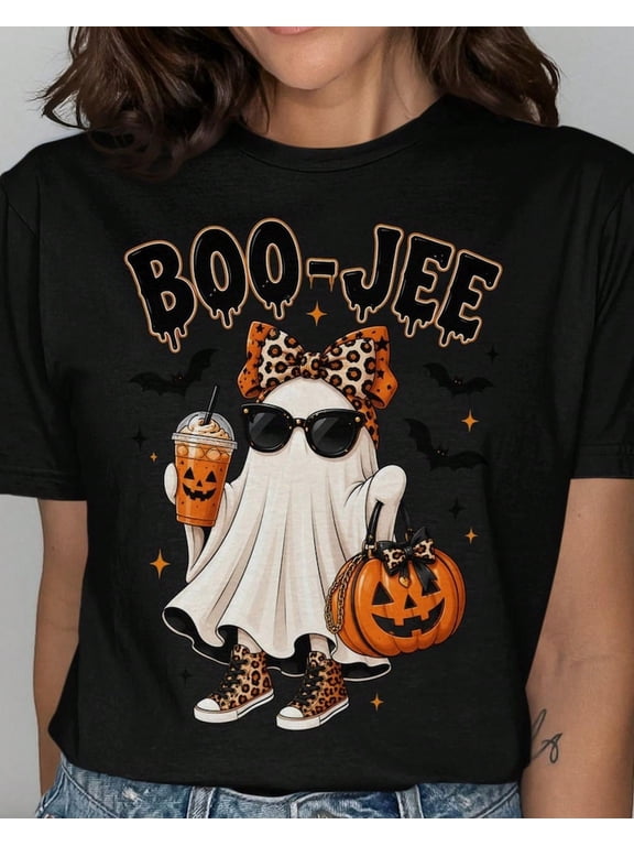 Boo-Jee Ghost T-Shirt, Halloween Leopard Print Tee, Spooky Glam Fashion Shirt