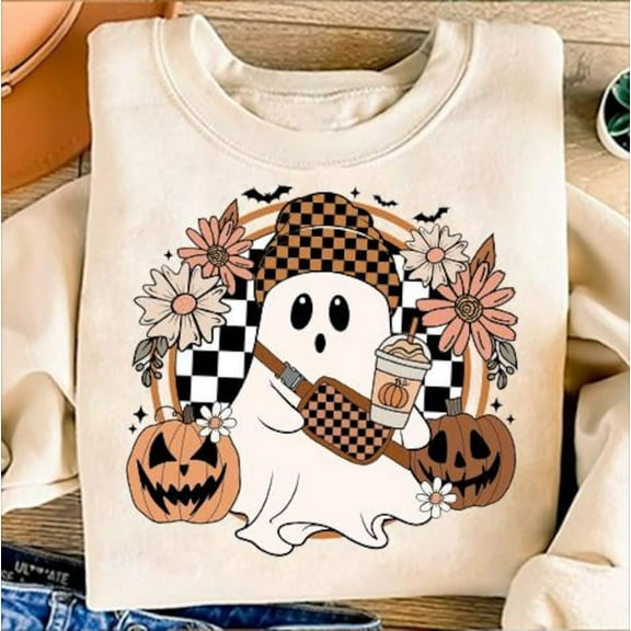 Boo-Jee Halloween Ghost Sweater, Bougie Coffee Checkered Pumpkin Halloween Mama Sweatshirt