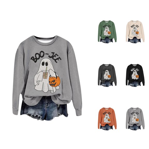 Boo Jee Halloween Sweatshirts for Women 2025 Long Sleeve Crewneck Cute Ghost Graphic Sweatshirt Pullover Tops