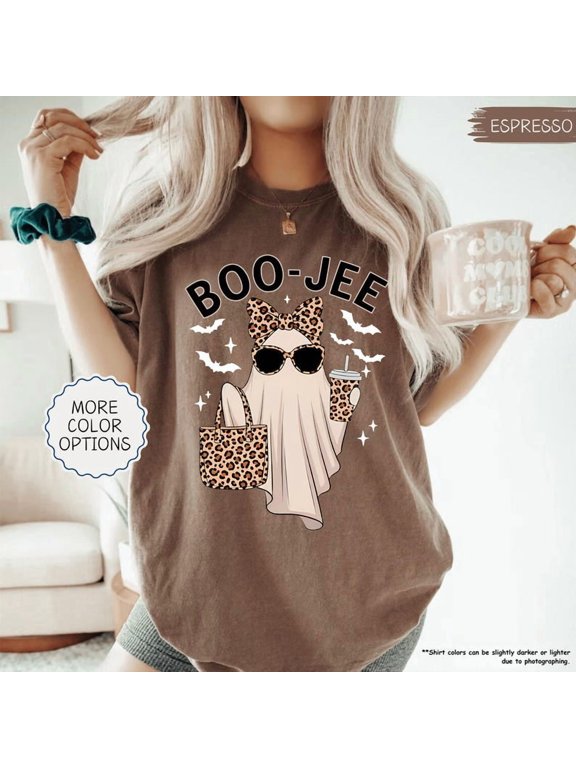 Boo-Jee Leopard Ghost T-Shirt, Garment-Dyed Heavyweight Cotton Funny Ghost Coffee Tee, Girly Halloween Fall Shirt for Women