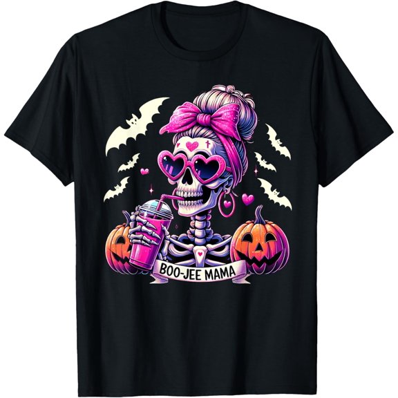 Boo-Jee Mama Spooky Season Skeleton Skull Coffee Halloween T-Shirt