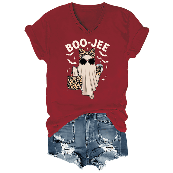 Boo-Jee Tshirt Boo Jee Ghost Shirt Women Spooky Season Halloween T-Shirt V-Neck