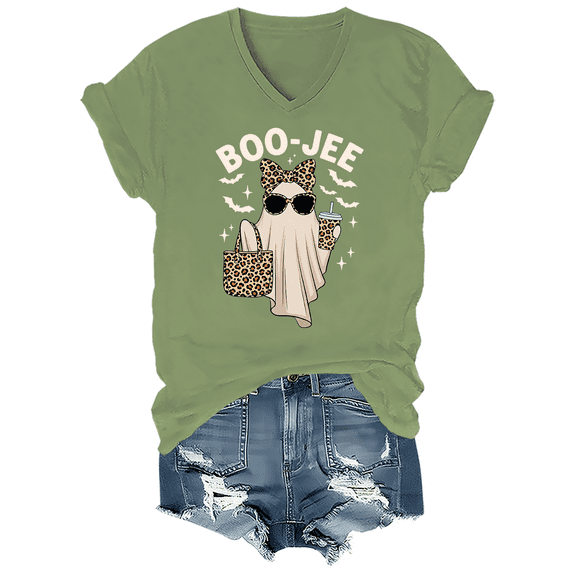 Boo-Jee Tshirt Boo Jee Ghost Shirt Women Spooky Season Halloween T-Shirt V-Neck