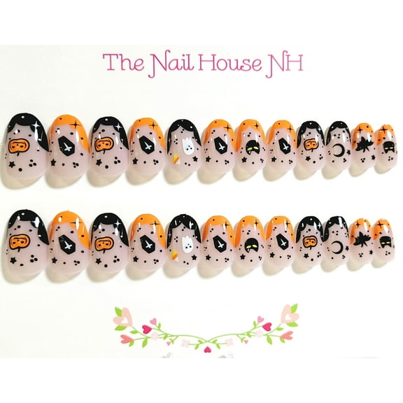 Boo Kitty and Friends French Manicure Glossy Oval Press On Nails - 24 Pieces - Artificial Nail Kit - Halloween Nails