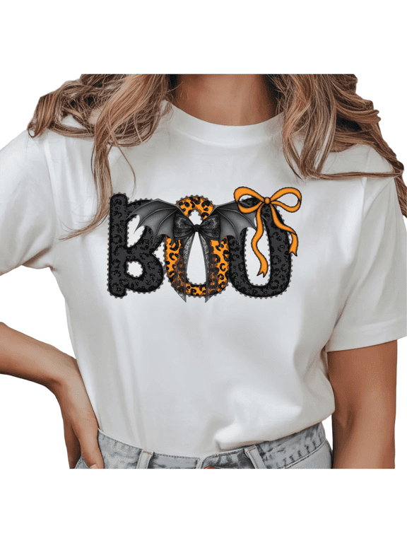 Boo Leopard Bow Graphic T-Shirt Halloween Print Short Sleeve Top